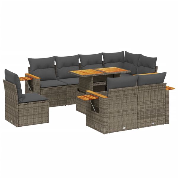 vidaXL 9-delige Loungeset met kussens poly rattan grijs