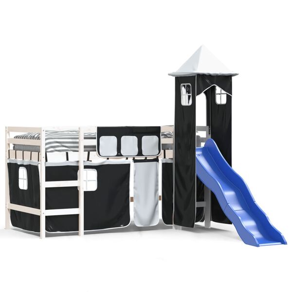 vidaXL Kinderhoogslaper met toren 90x200 cm grenenhout wit en zwart