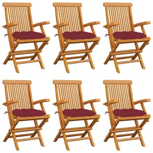 vidaXL Tuinstoelen 6 st met wijnrode kussens massief teakhout