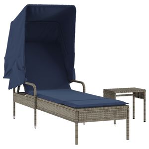 vidaXL Ligstoel met luifel en tafel grijs poly rattan
