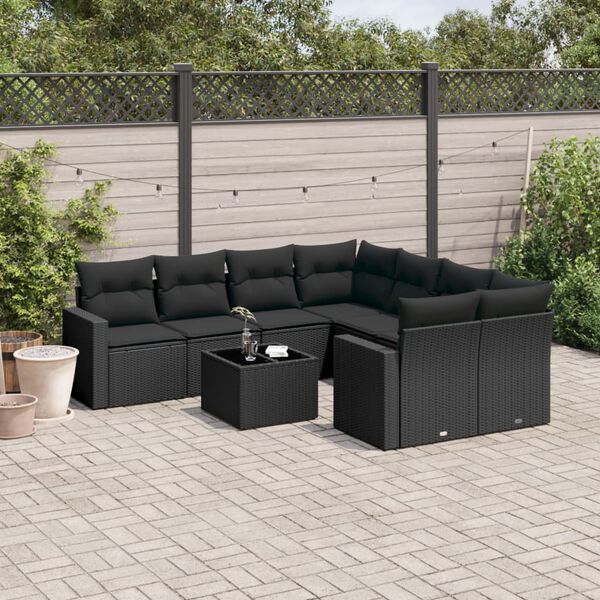 vidaXL 9-delige Loungeset met kussens poly rattan zwart