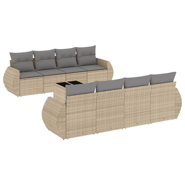 vidaXL 9-delige Loungeset met kussens poly rattan beige