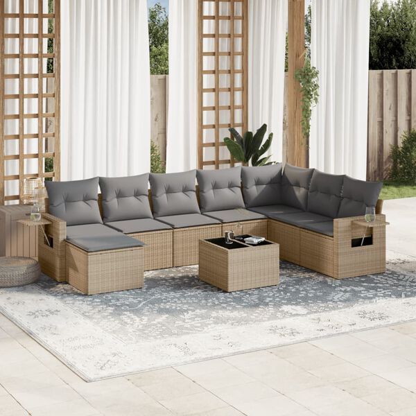 vidaXL 9-delige Loungeset met kussens poly rattan beige