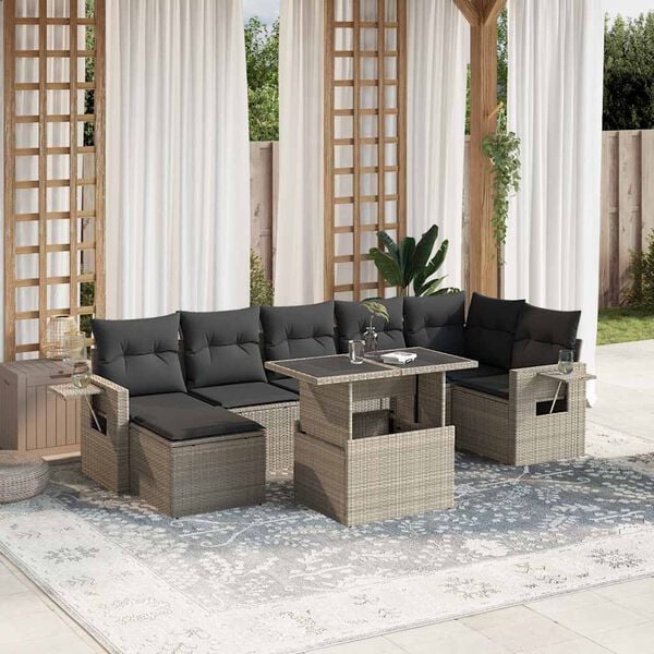 vidaXL 8-delige Loungeset met kussens poly rattan lichtgrijs