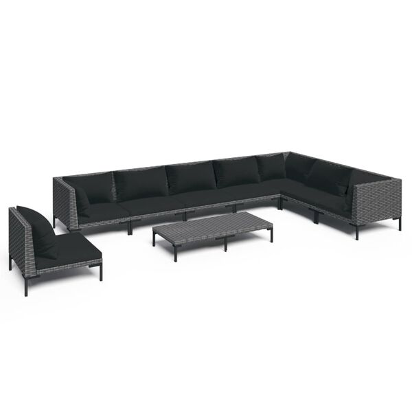 vidaXL 9-delige Loungeset met kussens poly rattan donkergrijs