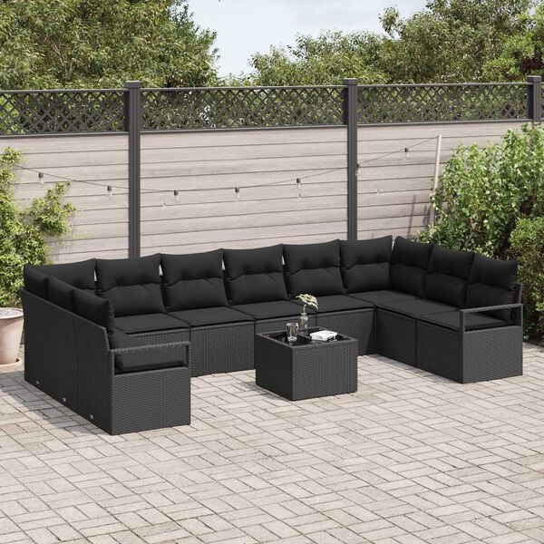 vidaXL Bankstel met kussen met opslag 11 pcs Zwart poly rattan