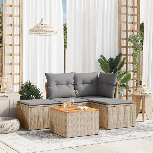 vidaXL 5-delige Loungeset met kussens poly rattan beige