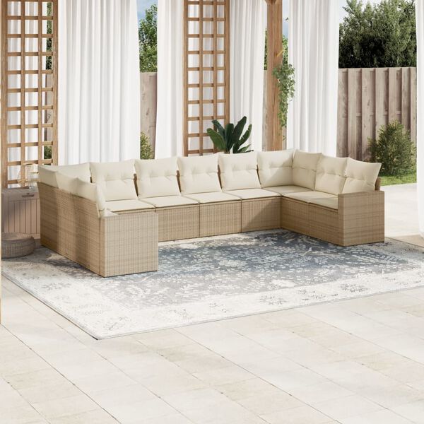 vidaXL 10-delige Loungeset met kussens poly rattan beige