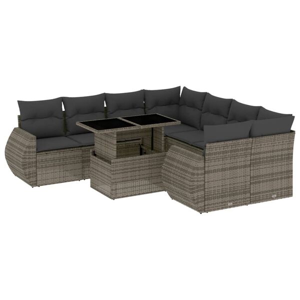 vidaXL 9-delige Loungeset met kussens poly rattan grijs