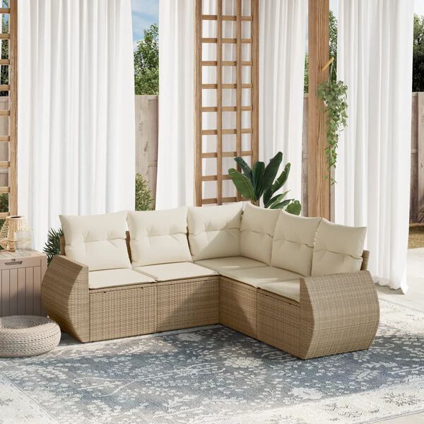 vidaXL 5-delige Loungeset met kussens poly rattan beige