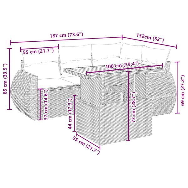 vidaXL 5-delige Loungeset met kussens poly rattan beige