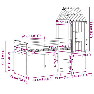 vidaXL Hoogslaper met dak massief grenenhout wasbruin 75x190 cm