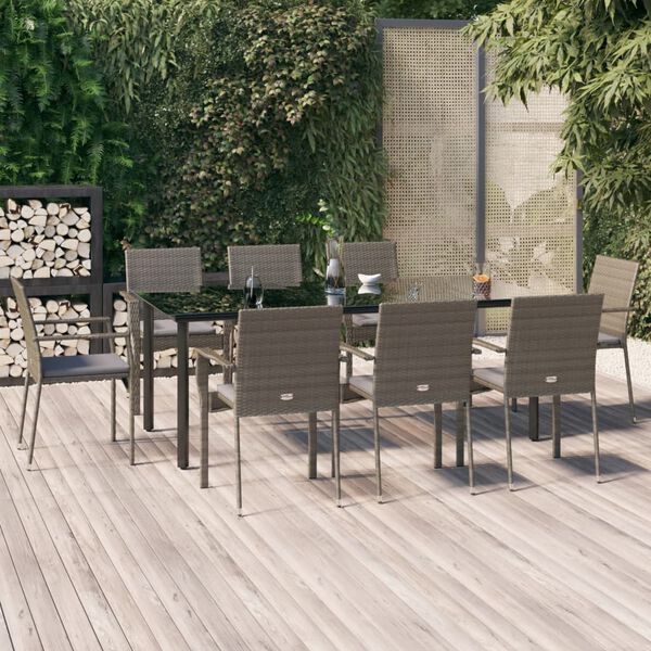 vidaXL 9-delige Tuinset met kussens poly rattan zwart en grijs
