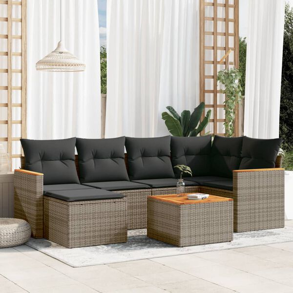 vidaXL 7-delige Loungeset met kussens poly rattan grijs