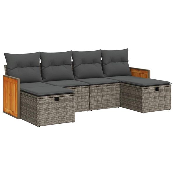vidaXL 6-delige Loungeset met kussens poly rattan grijs