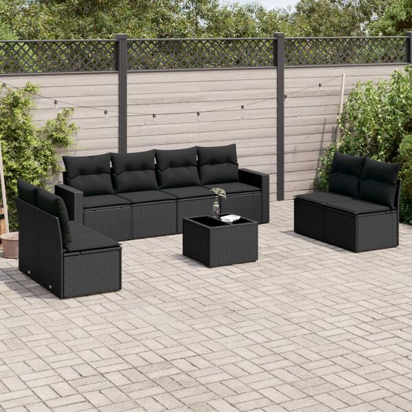 vidaXL 9-delige Loungeset met kussens poly rattan zwart