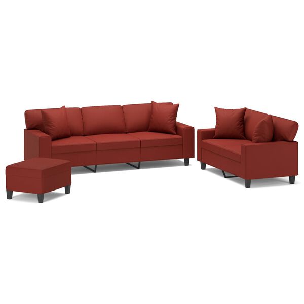 vidaXL 3-delige Loungeset met sierkussens & kussens kunstleer wijnrood