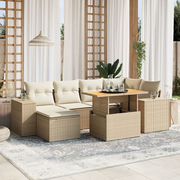 vidaXL 7-delige Loungeset met kussens poly rattan beige