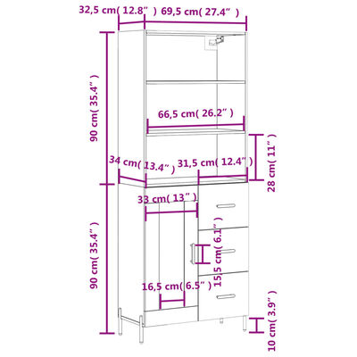 vidaXL Hoge kast 69,5x34x180 cm bewerkt hout wit