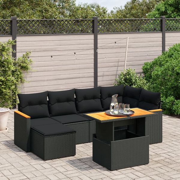 vidaXL 7-delige Loungeset met kussens poly rattan zwart