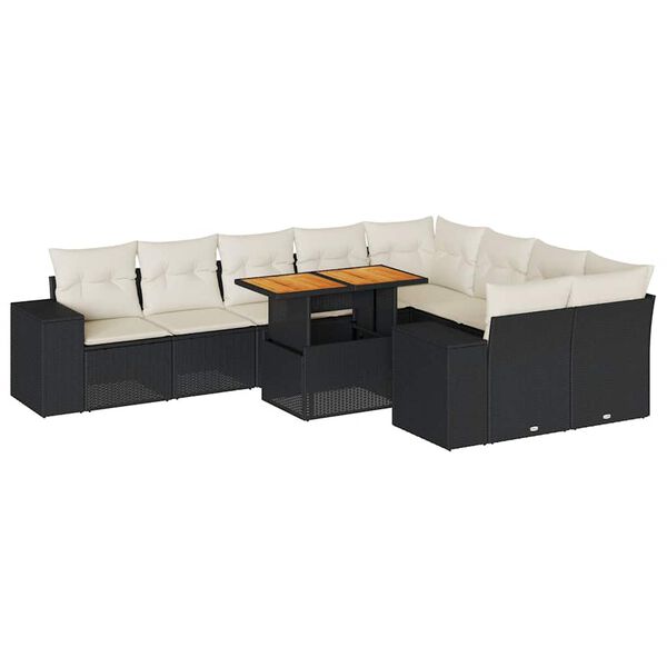 vidaXL 10-delige Loungeset met kussens poly rattan acacia zwart