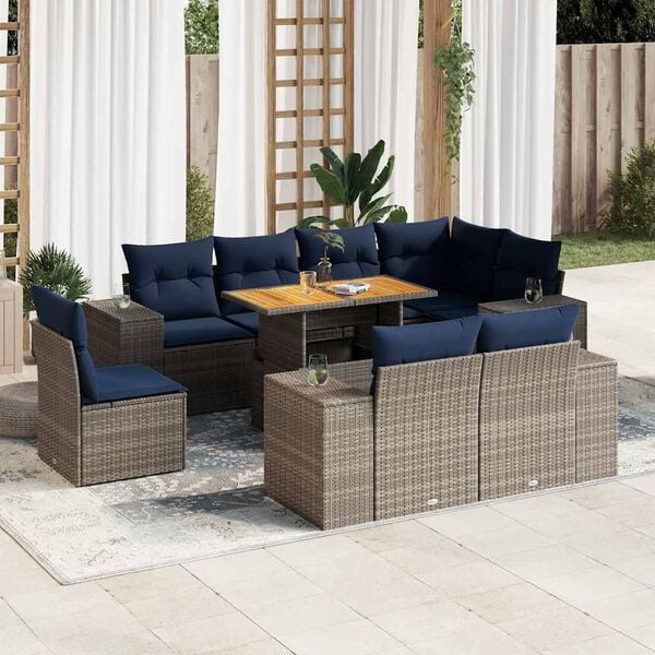 vidaXL 9-delige Loungeset met kussens poly rattan grijs