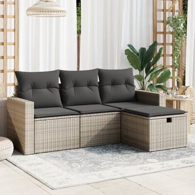 vidaXL 4-delige Loungeset met kussens poly rattan grijs