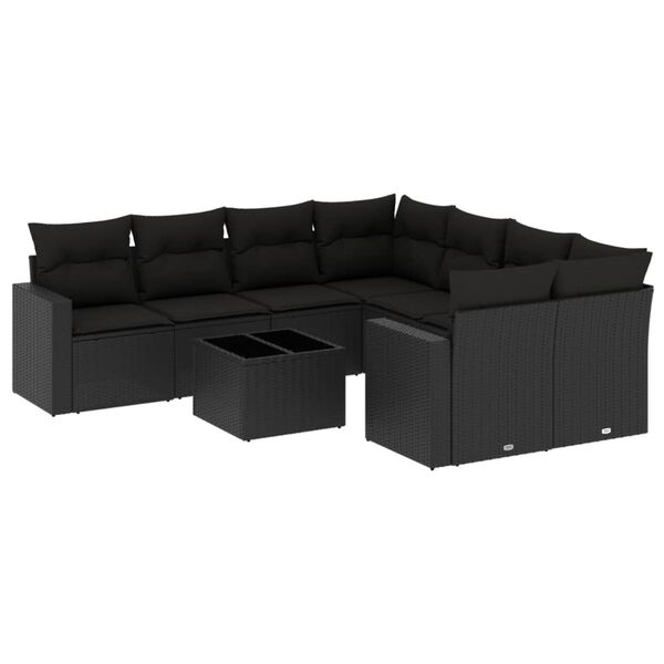 vidaXL 9-delige Loungeset met kussens poly rattan zwart