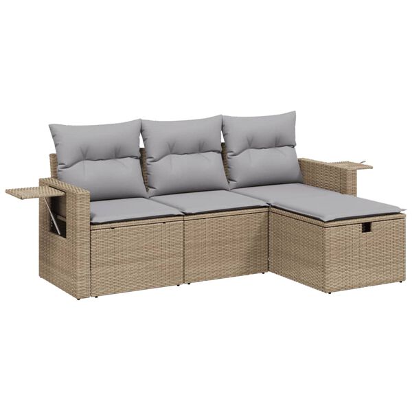 vidaXL 4-delige Loungeset met kussens poly rattan gemengd beige