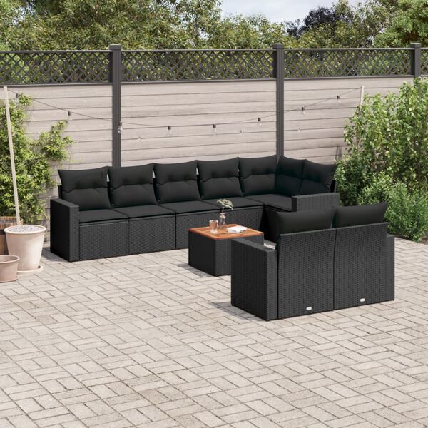 vidaXL 9-delige Loungeset met kussens poly rattan zwart