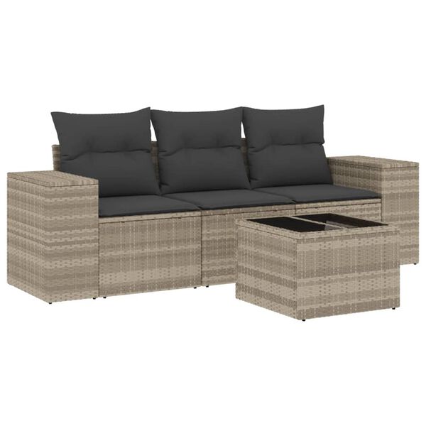 vidaXL 4-delige Loungeset met kussens poly rattan lichtgrijs