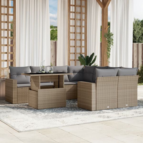 vidaXL 9-delige Loungeset met kussens poly rattan beige