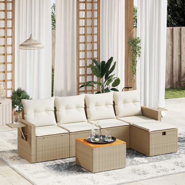 vidaXL 6-delige Loungeset met kussens poly rattan beige
