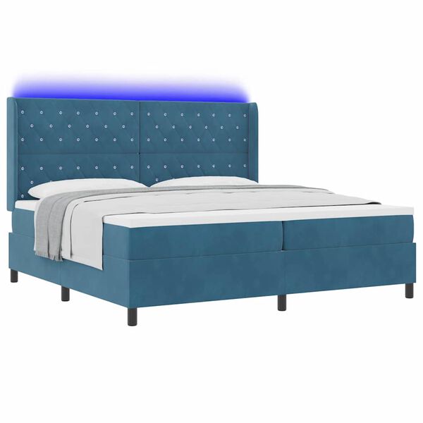 vidaXL LED Boxspring Bed met Matras Geruit Blauw 200 x 200 cm Fluweel