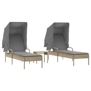 vidaXL Ligbedden 2 st met luifels en tafel poly rattan beige