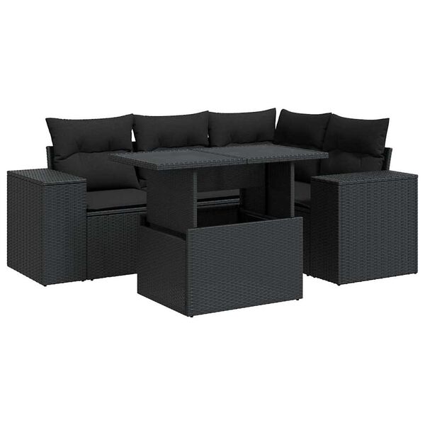 vidaXL 5-delige Loungeset met kussens poly rattan zwart
