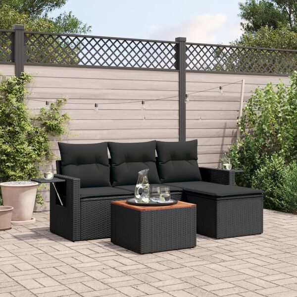 vidaXL 5-delige Loungeset met kussens poly rattan zwart
