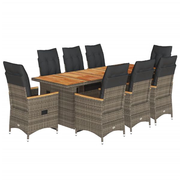 vidaXL 9-delige Bistroset met kussens poly rattan grijs