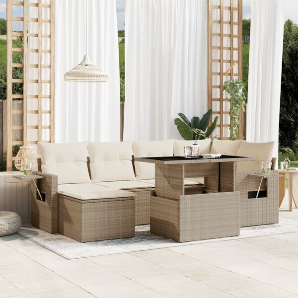vidaXL 7-delige Loungeset met kussens poly rattan beige