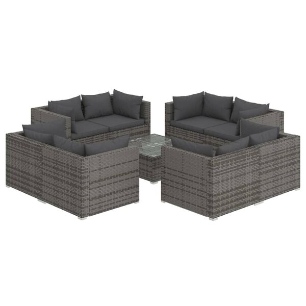 vidaXL 9-delige Loungeset met kussens poly rattan grijs