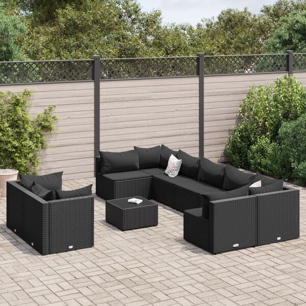 vidaXL 9-delige Loungeset met kussens poly rattan zwart