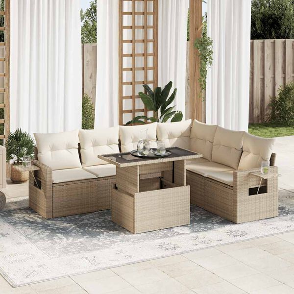 vidaXL 7-delige Loungeset met kussens poly rattan beige