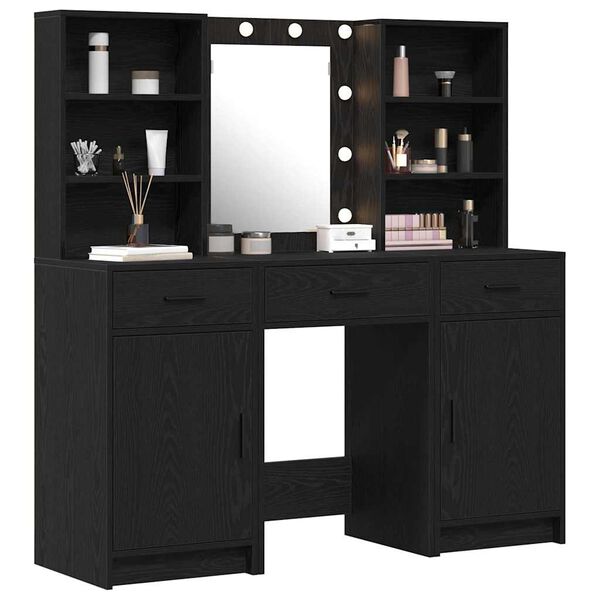 vidaXL Make-up tafel set met LED 3 pcs Zwart Eiken Bewerkt hout