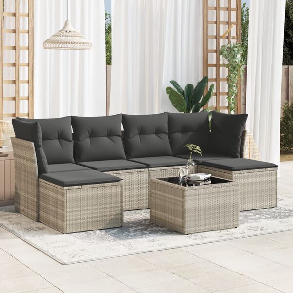 vidaXL 7-delige Loungeset met kussens poly rattan lichtgrijs