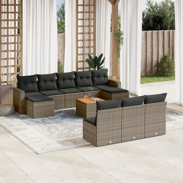 vidaXL 11-delige Loungeset met kussens poly rattan grijs