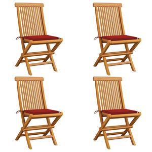 vidaXL Klapstoelen met rode kussens, 4 stuks, massief teakhout