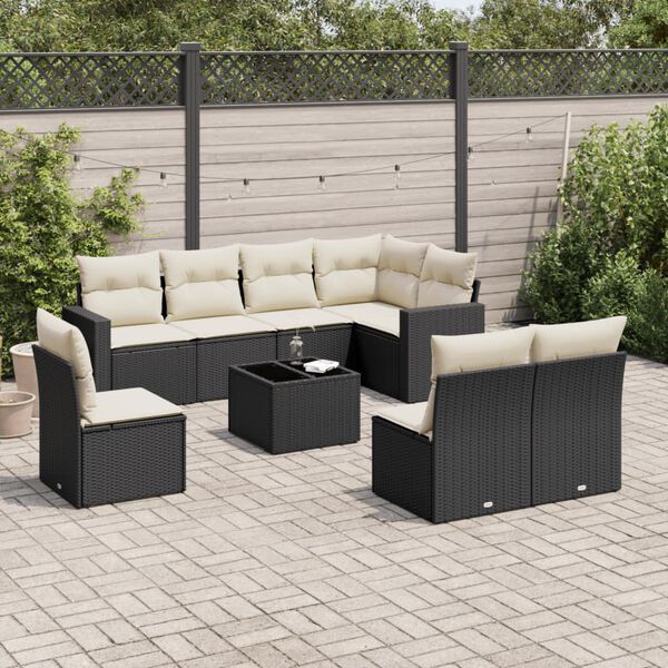 vidaXL 9-delige Loungeset met kussens poly rattan zwart