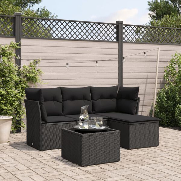vidaXL 5-delige Loungeset met kussens poly rattan zwart