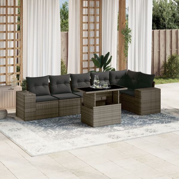 vidaXL 7-delige Loungeset met kussens poly rattan grijs