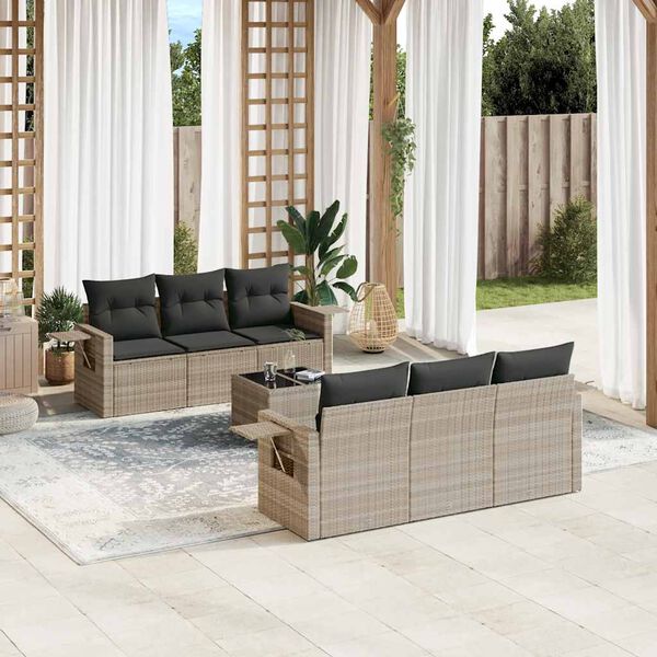vidaXL 7-delige Loungeset met kussens poly rattan lichtgrijs